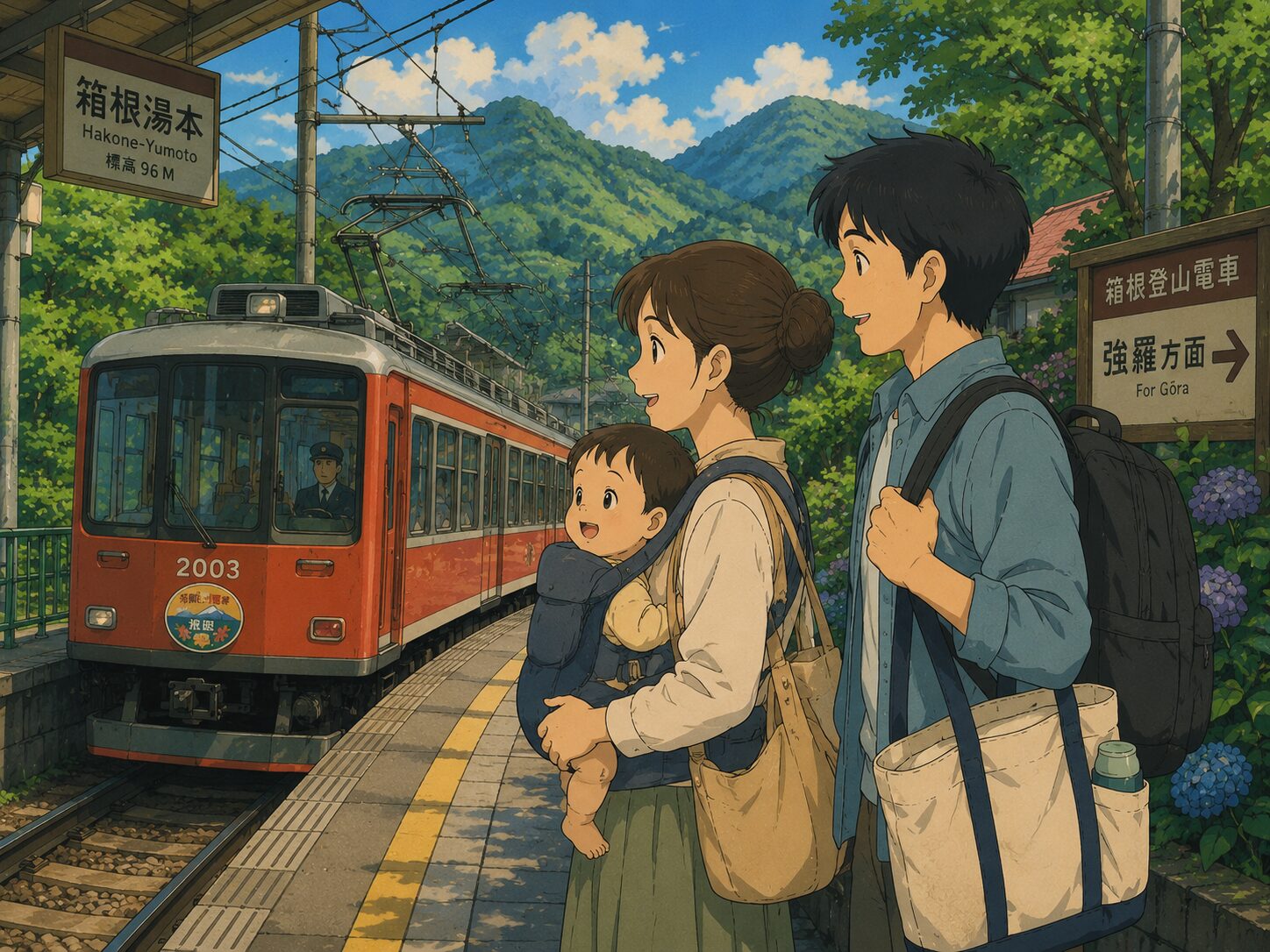 箱根登山鉄道と抱っこ紐のママ